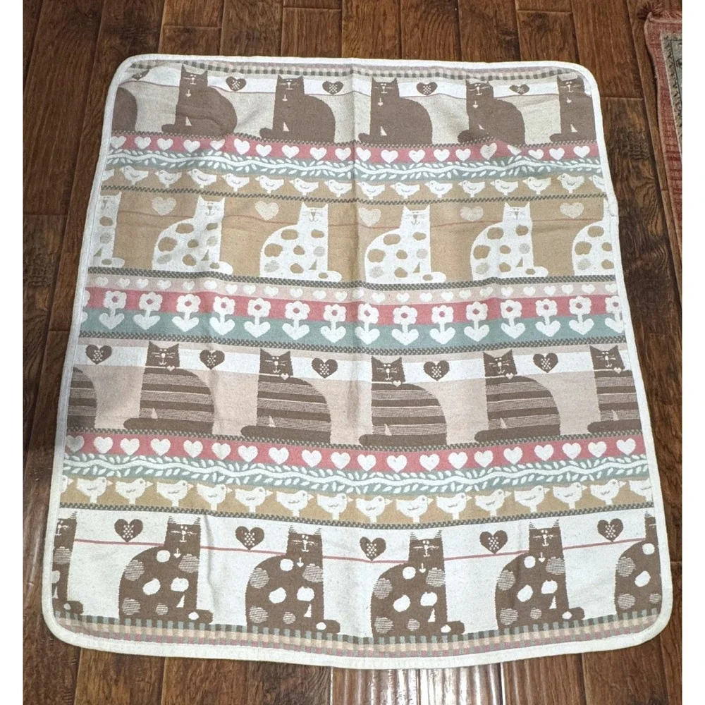 Vintage Cat Afghan Throw Blanket Tan Brown Woven Hearts Birds 53x60